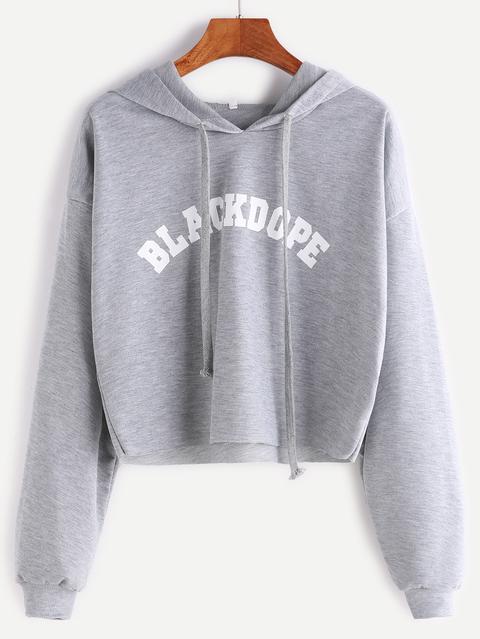 Sudadera Corta Con Estampado De Letra Con Capucha Gris