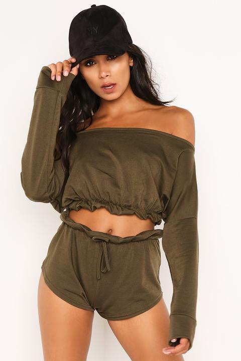 Khaki Ruffle Crop Top & Shorts Loungewear Set