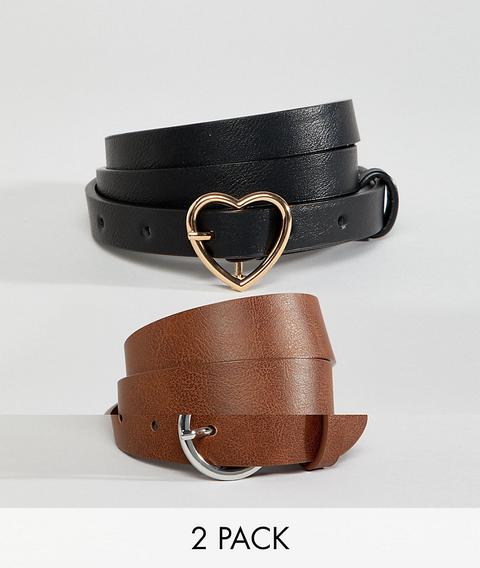 Asos Design - Confezione Da 2 Cinture Per Vita E Fianchi Con Fibbie A Cerchio E A Cuore - Nero