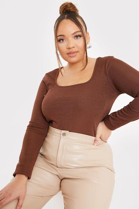 Brown Bodysuits - Plus Size Saffron Barker Brown Rib Square Neck Bodysuit