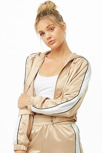 Forever 21 Active Striped-trim Satin Jacket Champagne/multi