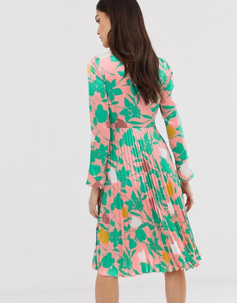 asos design pleated midi dress with fluted sleeve in floral print