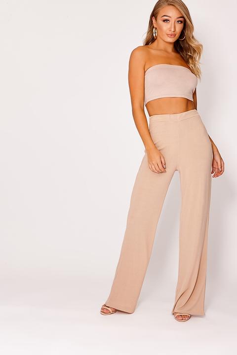 Camel Trousers - Kiyah Camel Ribbed Wide Leg Trousers