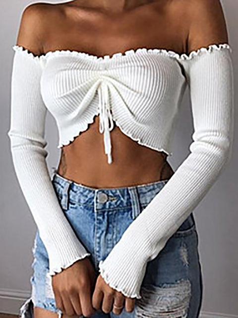 Sexy Frilled Off Shoulder Ruched Rib Crop Top