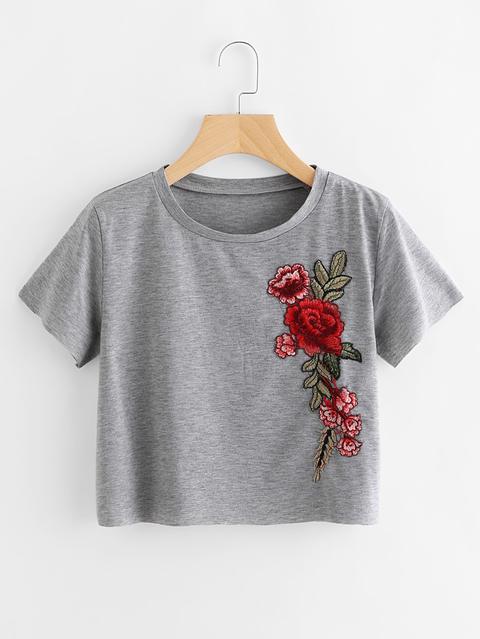 Embroidered Applique Raw Trim Crop Marled T-shirt