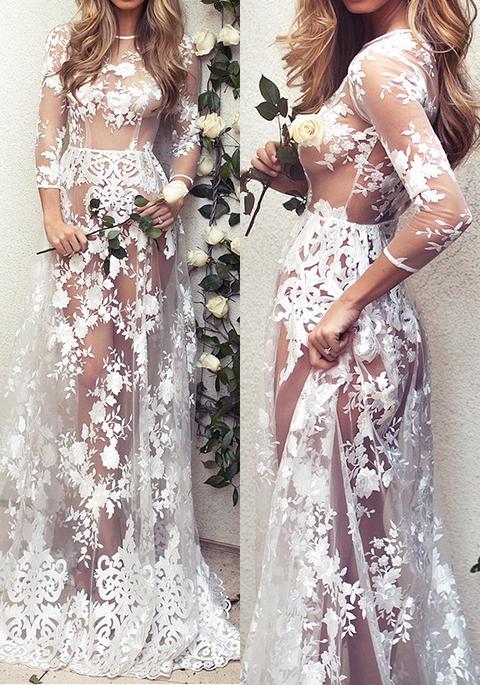 Maxi Abito Ricami In Pizzo Floreale Girocollo Bianco