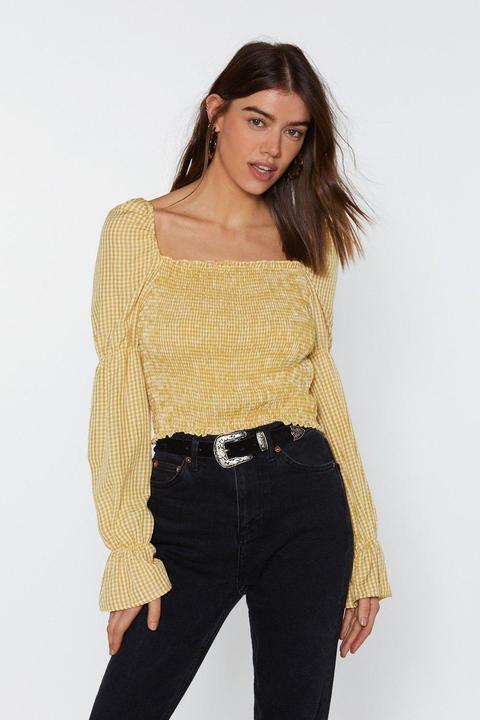 Shirred Wheel Square Neck Check Blouse