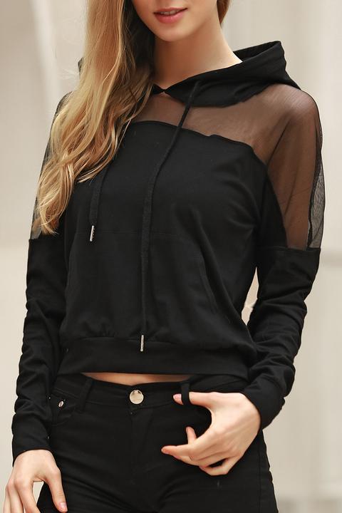 Voile Spliced Hooded Long Sleeve Hoodie