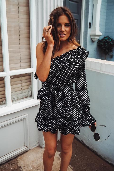 one sleeve polka dot dress