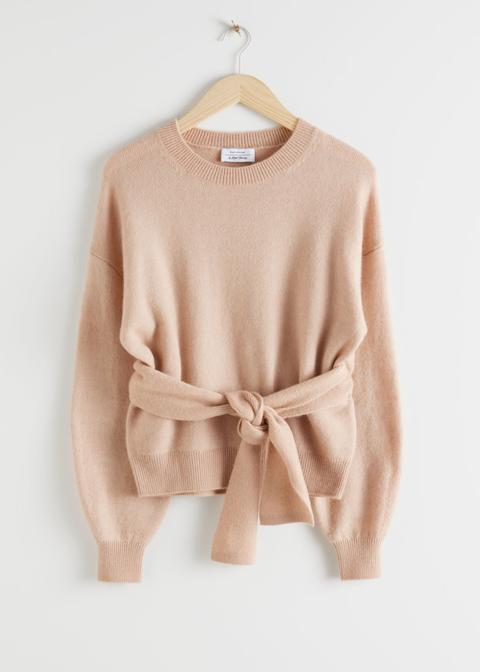 Belted Wool Blend Knit Sweater - Beige