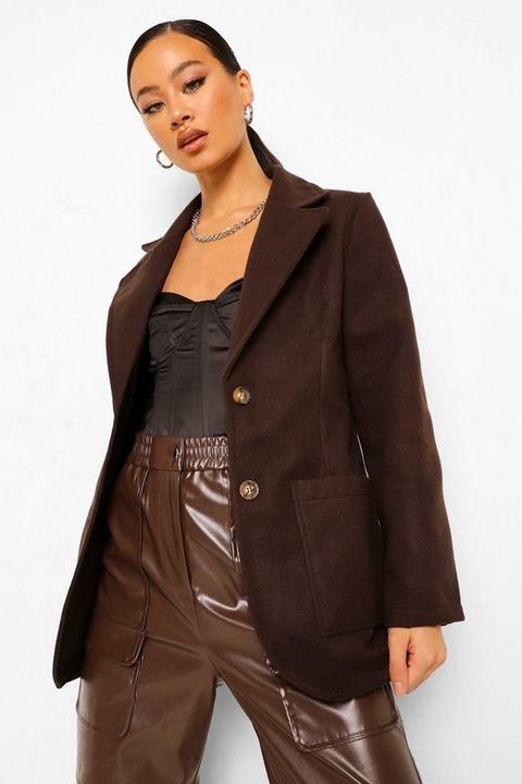 Womens Wool Look Button Through Blazer - Brown - 8, Brown