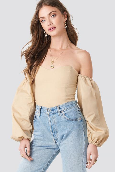 Na-kd Boho Off Shoulder Balloon Sleeve Top - Beige