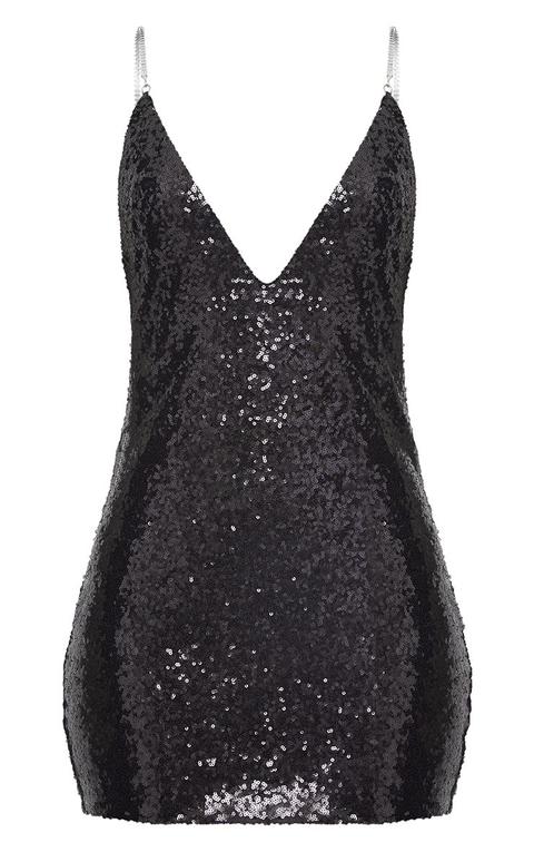 black chain strap sequin plunge bodycon dress