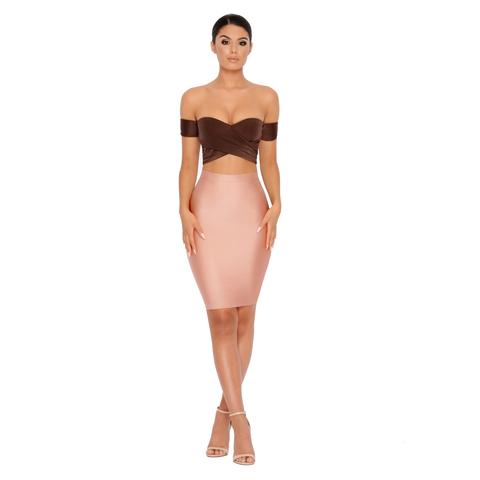 Shrug It Off Bardot Off The Shoulder Crop Top In Chocolate Brown