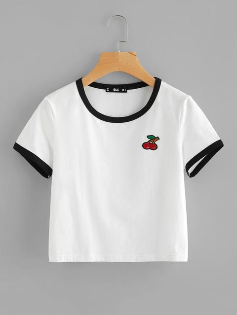 Embroidered Cherry Patch Crop Ringer Tee