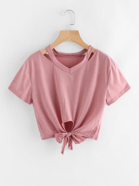 Cut Out V Neckline Knot Front Tee