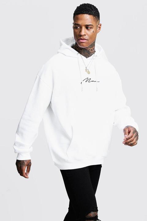 Mens White Oversized Man Signature Hoodie, White