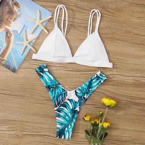 Tropical Print Triangle Strappy Bikini Swimsuit