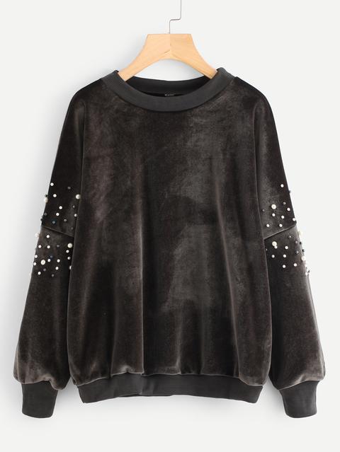 Pearl Beading Drop Shoulder Velvet Pullover