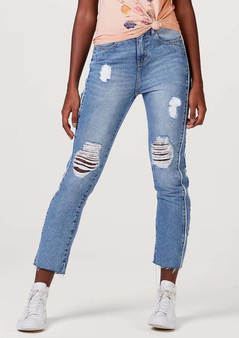 Calça Jeans Feminina Em Algodão Com Efeito Destroyed -