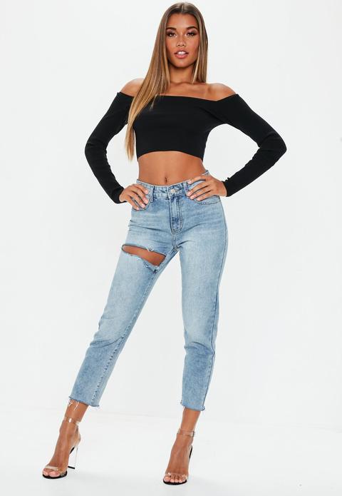 Blue Denim Thigh Split Mom Jeans, Blue