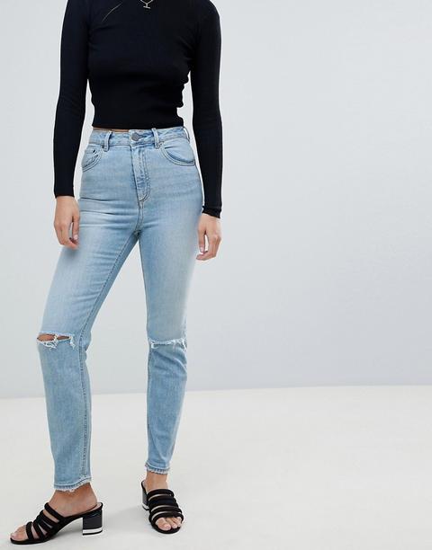 Asos Design Farleigh High Waist Slim Mom Jeans In Light Stonewash Blue With Ripped Knees