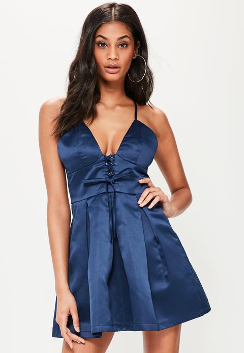 Blue Strappy Criss Cross Detail Skater Dress