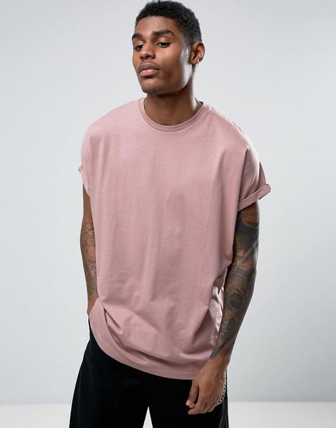 Asos - T-shirt Lunga Super Oversize Rosa Con Maniche Con Risvolto - Rosa