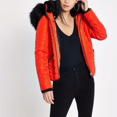 Orange Faux Fur Hood Padded Jacket