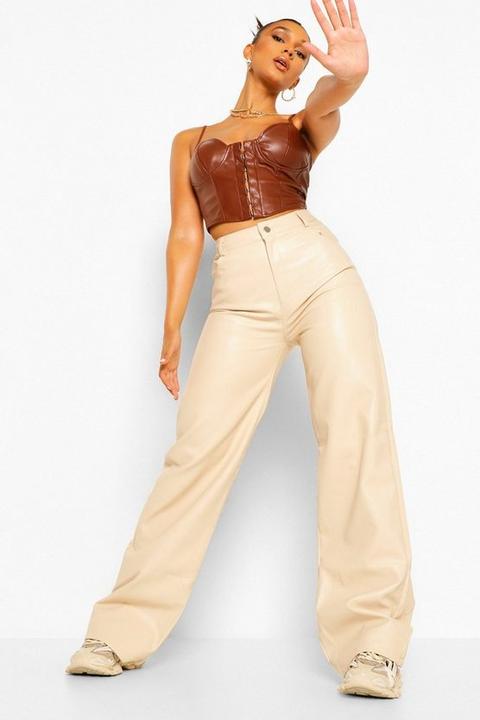 Womens Leather Look Pu Wide Leg Trousers - Beige - S, Beige