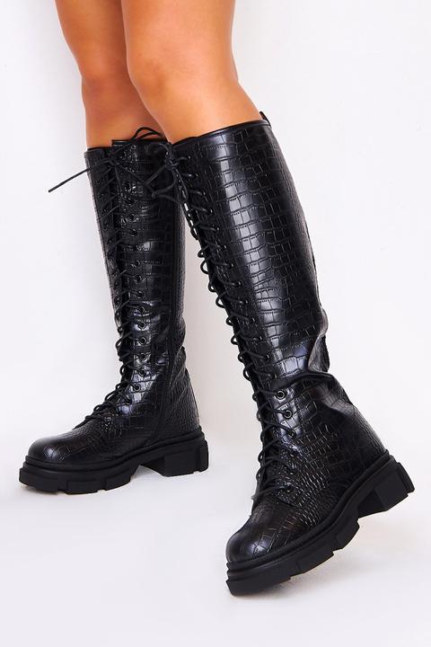 Bottes Lacées En Simili Cuir Noir Croco