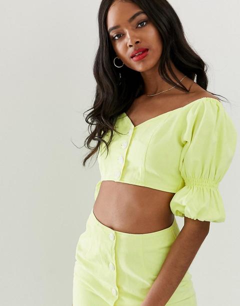 Asos Design Denim Co-ord - Top Di Jeans Corto Con Maniche A Sbuffo Lime Fluo Slavato - Verde