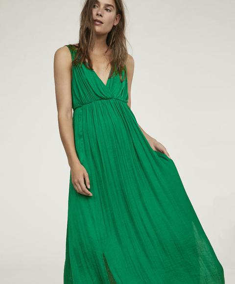 Vestido Escote Pico Satinado Color: Verde Talla: M Material: Poliéster,