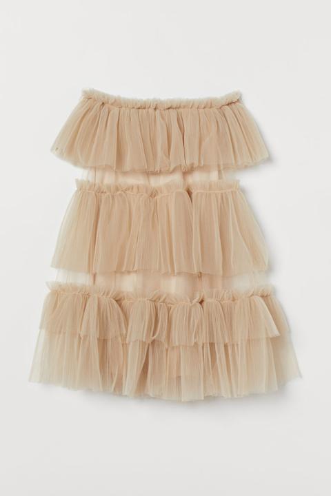 Tulle-flounced Dress - Beige