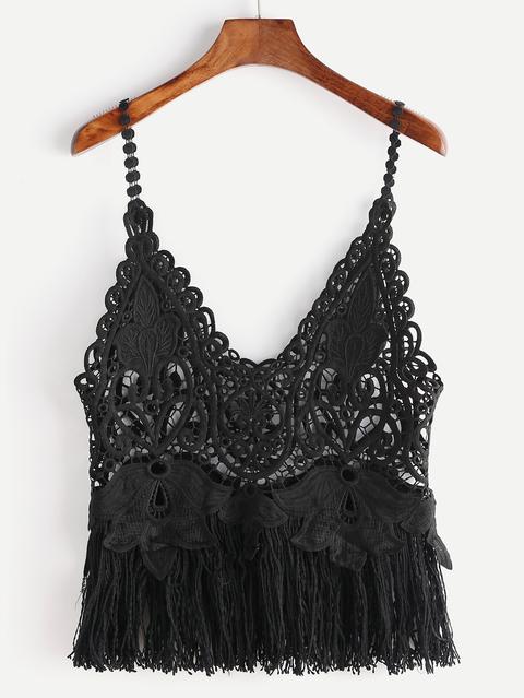 Nero Top Capestro Delicato Con Ricami E Frange