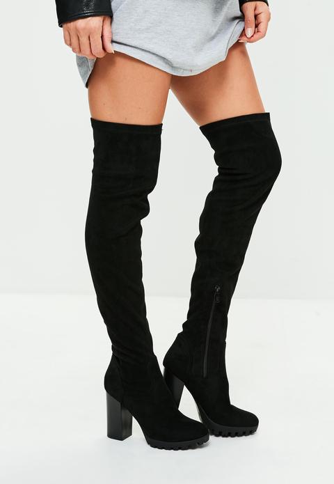 Black Faux Suede Cleated Sole Over The Knee Boots
