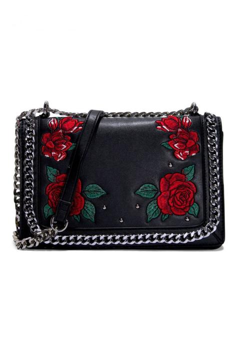 Borsa In Similpelle Nera Con Rose