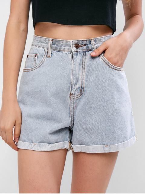 Shorts De Denim Desgastado Con Dobladillo Con Encaje Jeans Blue