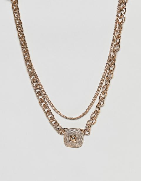 Asos Design - Collier Multi-rangs Avec Grosse Chaîne Et Pendentif Carré - Doré - Doré