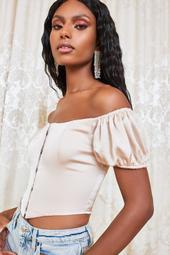 Bardot Puff Sleeve Satin Corset Top In Champagne