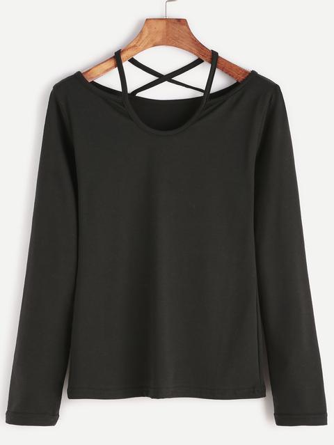 Camiseta De Manga Larga Espalda Enrejada Negro