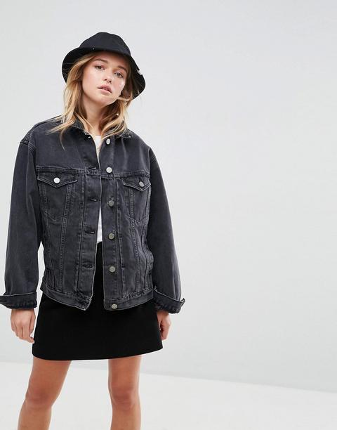 Asos Design Denim Girlfriend Jacket In Washed Black - Schwarz