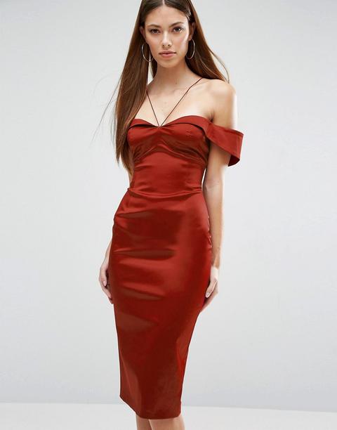 Asos - Vestito Longuette Allacciato Al Collo Stile Bardot - Rosso