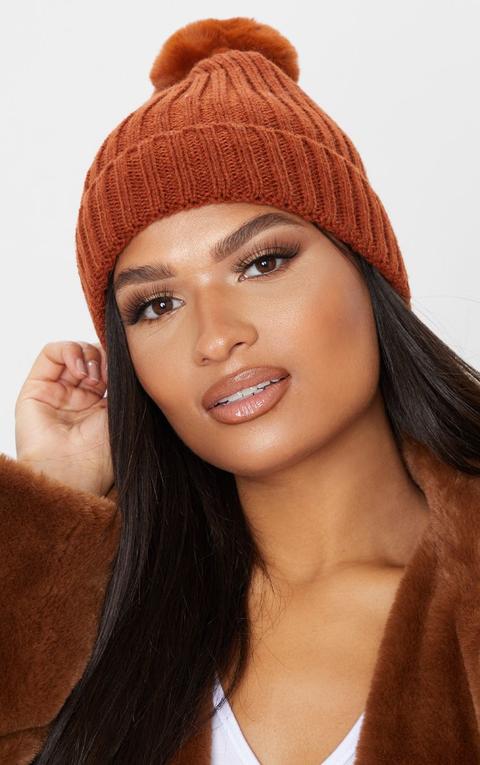 Rust Rib Knit Pom Pom Beanie Hat