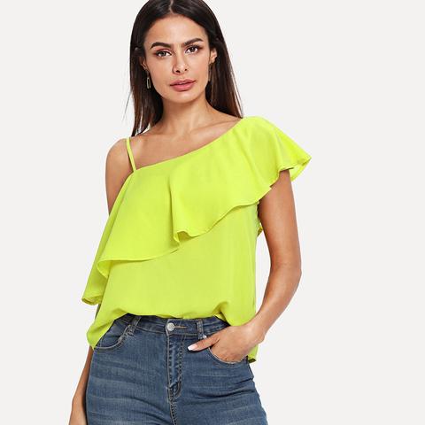 Top Monocolore In Neon Con Collo Asimmetrico Con Volant