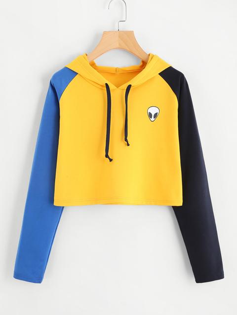 alien print contrast sleeve hoodie