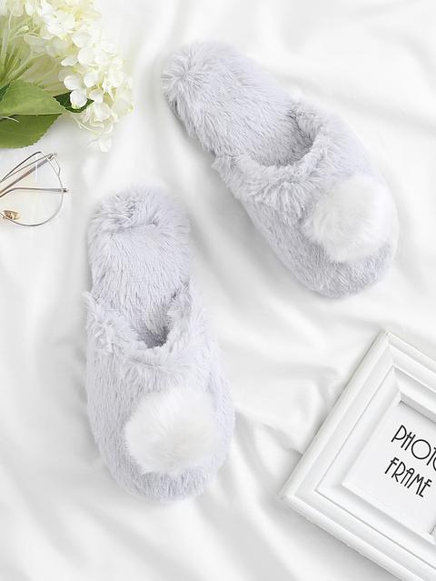 Contrast Pom Faux Fur Slippers