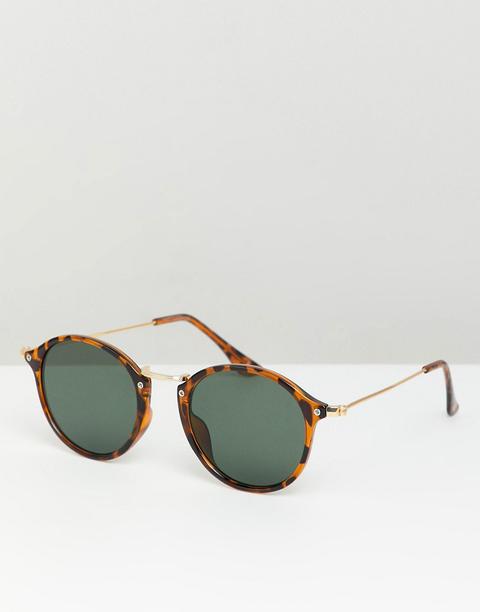 Asos Design Round Sunglasses In Tort With Metal Details And Green Lens - Clear