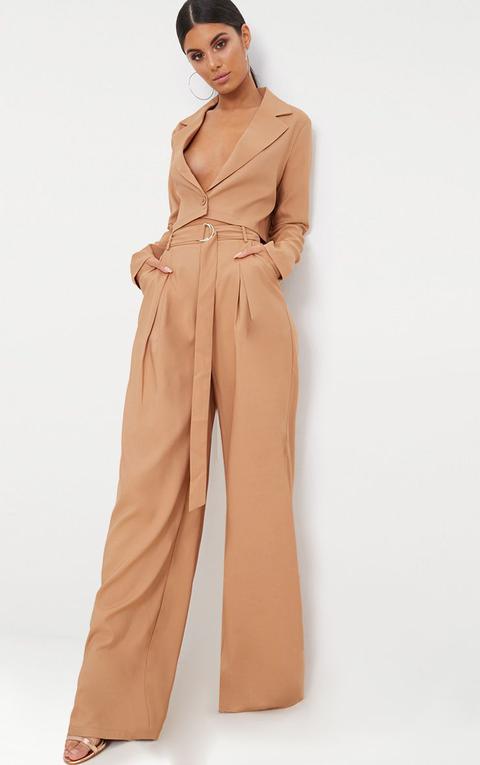 Camel Wide Leg Tie Waist Trousers