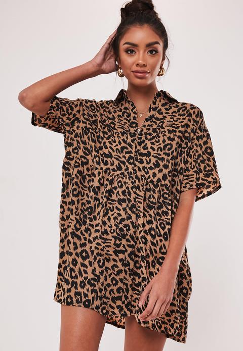 Brun Robe À Smocks Marron À Imprimé Léopard Grandes Tailles